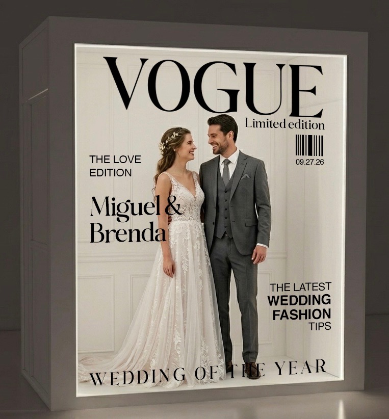 Magazine box photo booth with a custom VOGUE wedding cover